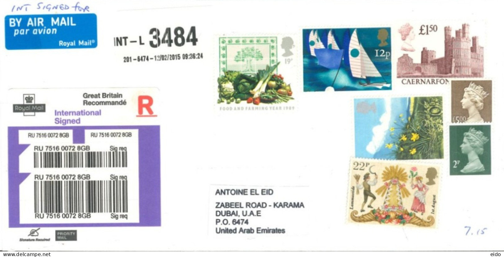 GREAT BRITAIN. - 2015, REGISTERED STAMPS COVER TO DUBAI. - Storia Postale