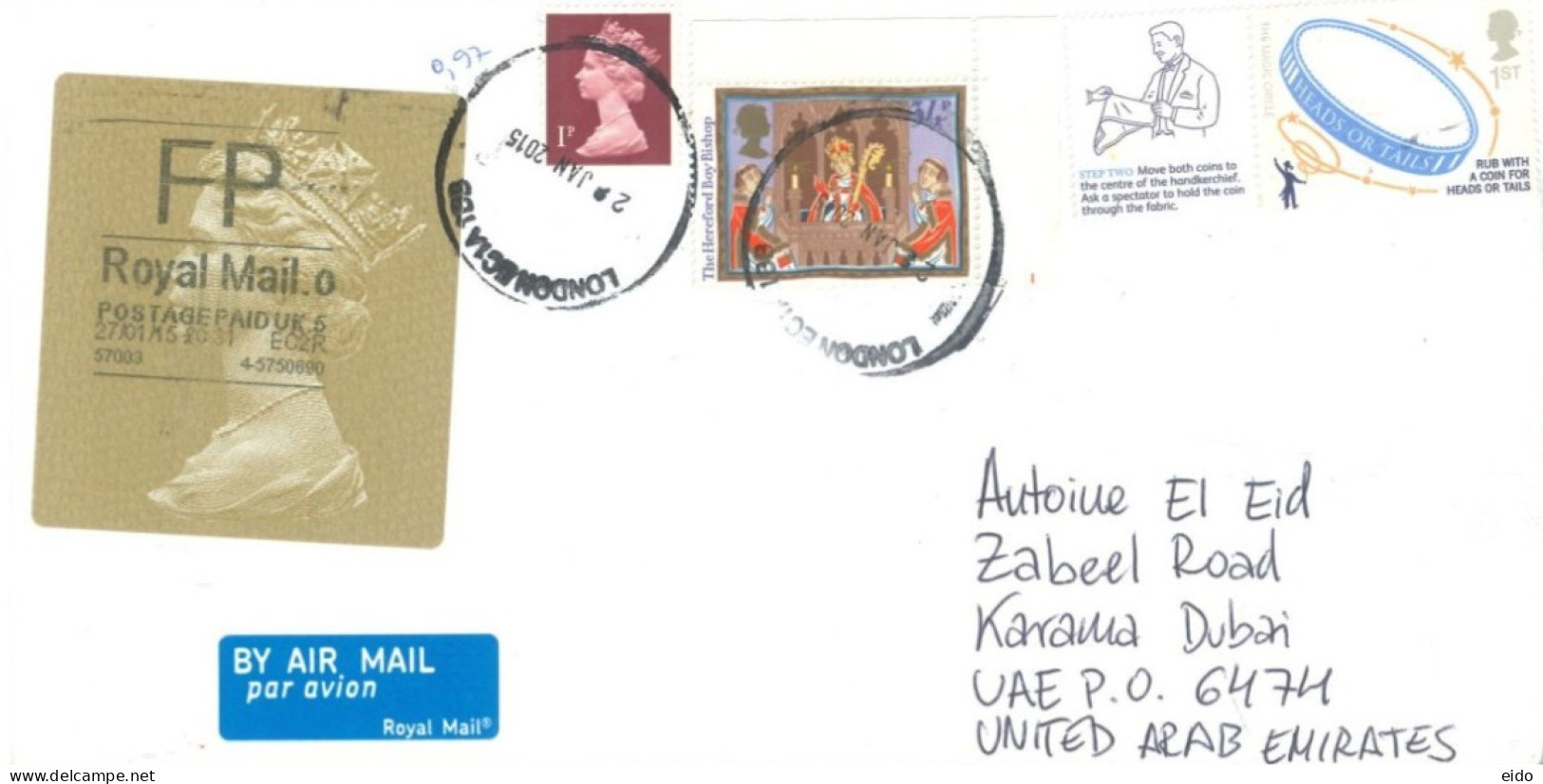 GREAT BRITAIN. - 2015, POSTAGE PAID LABEL AND STAMPS COVER TO DUBAI. - Lettres & Documents