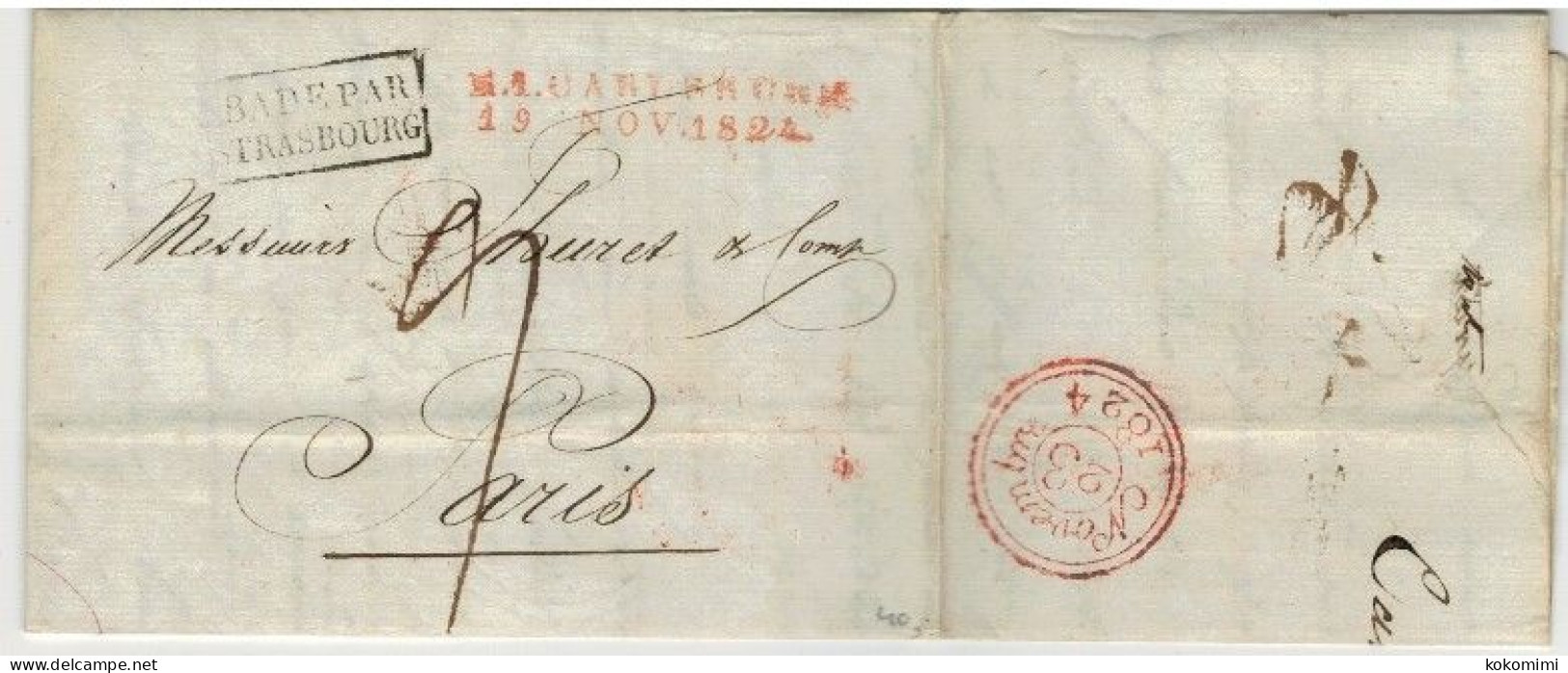 Lac De KARLSRUHE + Cachet BADE PAR STRASBOURG  1824 - Entry Postmarks