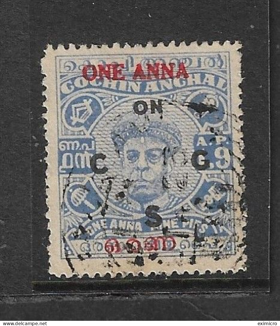 INDIA - COCHIN 1949 OFFICIAL 1a On 1a 9p SG O101 FINE USED Cat £17 - Cochin