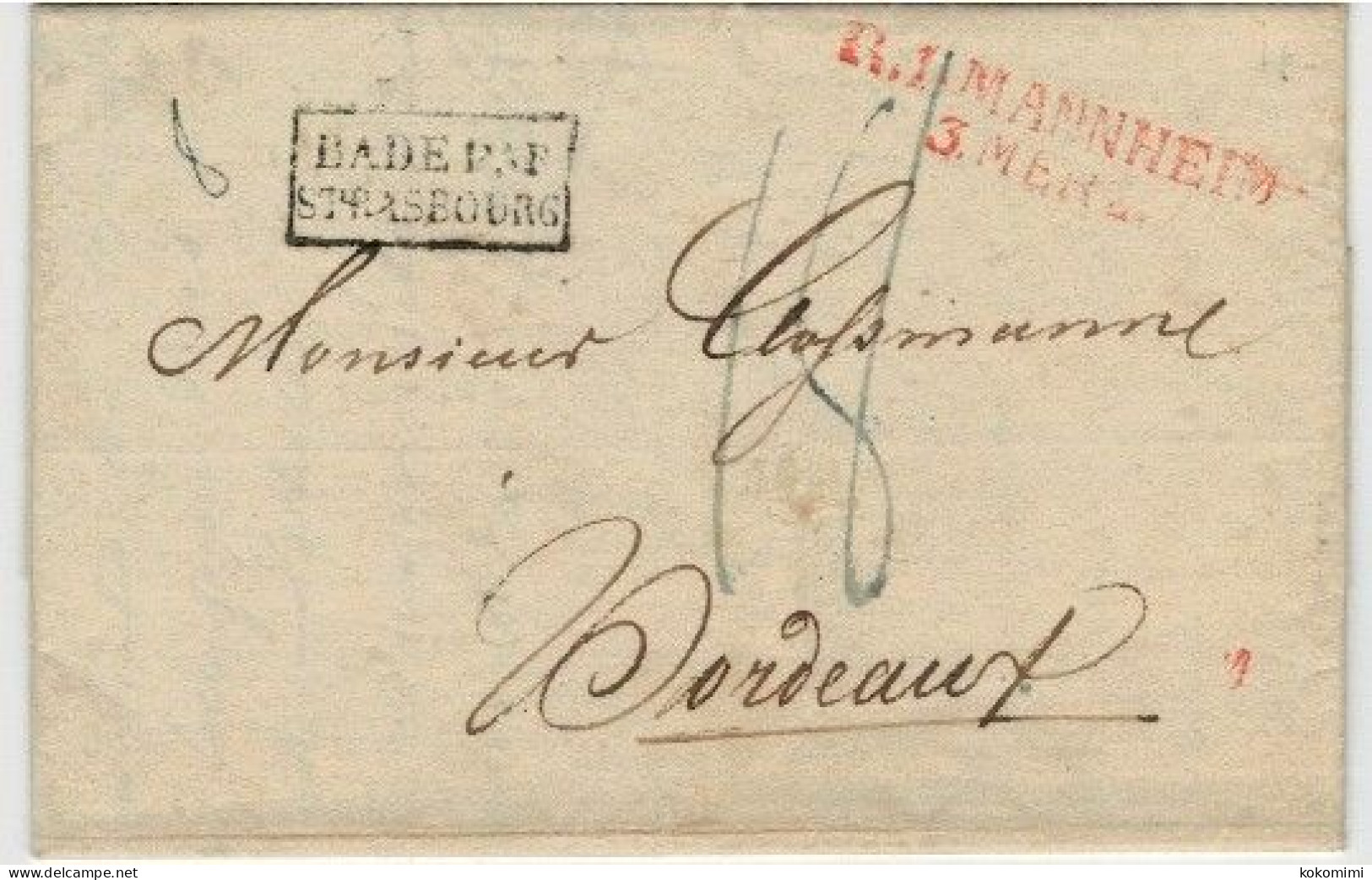 Lac De MANNHEIM  Pour BORDEAUX  + Cachet BADE PAR STRASBOURG  2/3/1824 - Marques D'entrées