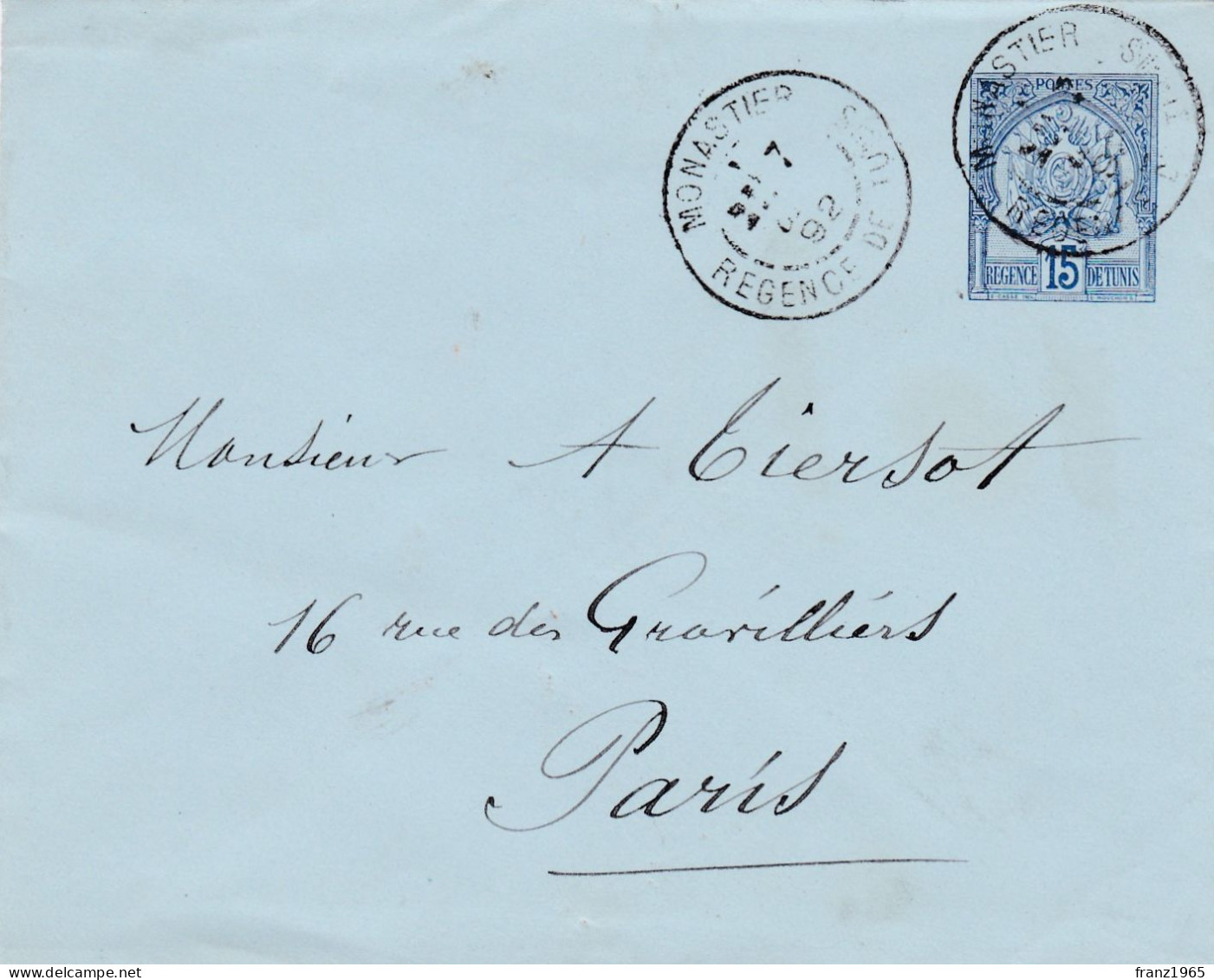 From Tunisia To France - 1892 - Lettres & Documents