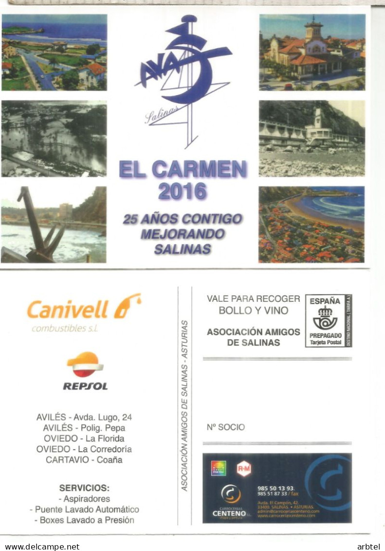 ENTERO POSTAL TARIFA A SALINAS ASTURIAS ASOCIACION VECINOS EL CARMEN 2016 - 1931-....