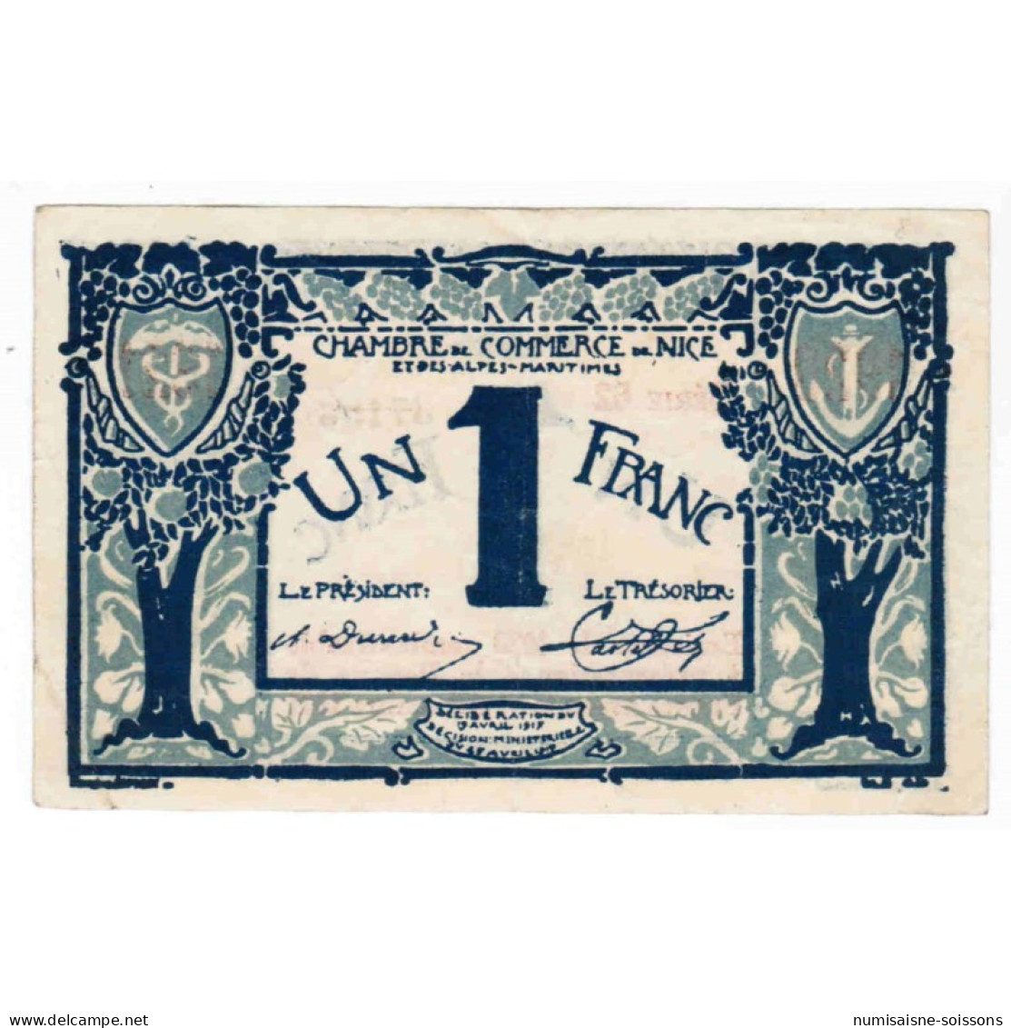 06 - NICE - CHAMBRE DE COMMERCE - 1 FRANC - 19 AVRIL 1917 - TTB+ - Bonds & Basic Needs