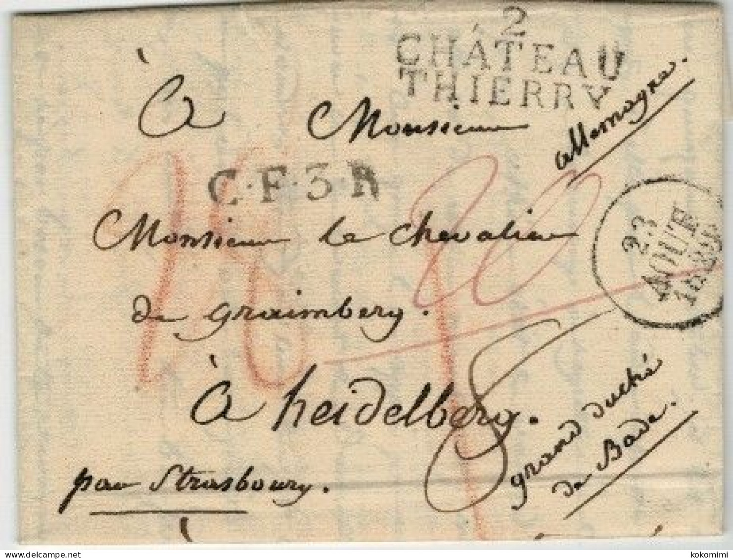 Lac De  CHATEAU THIERRY Pour HEIDELBERG + Cachet C.F.3R     1829 - Entry Postmarks