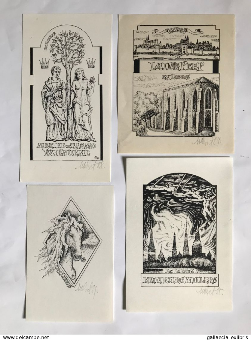 Lot Avec 7 Ex-libris Maret Olvet. Arbre Église Ville Cheval. Lot With 7 Exlibris Maret Olvet. Tree Church Town Horse - Ex-libris