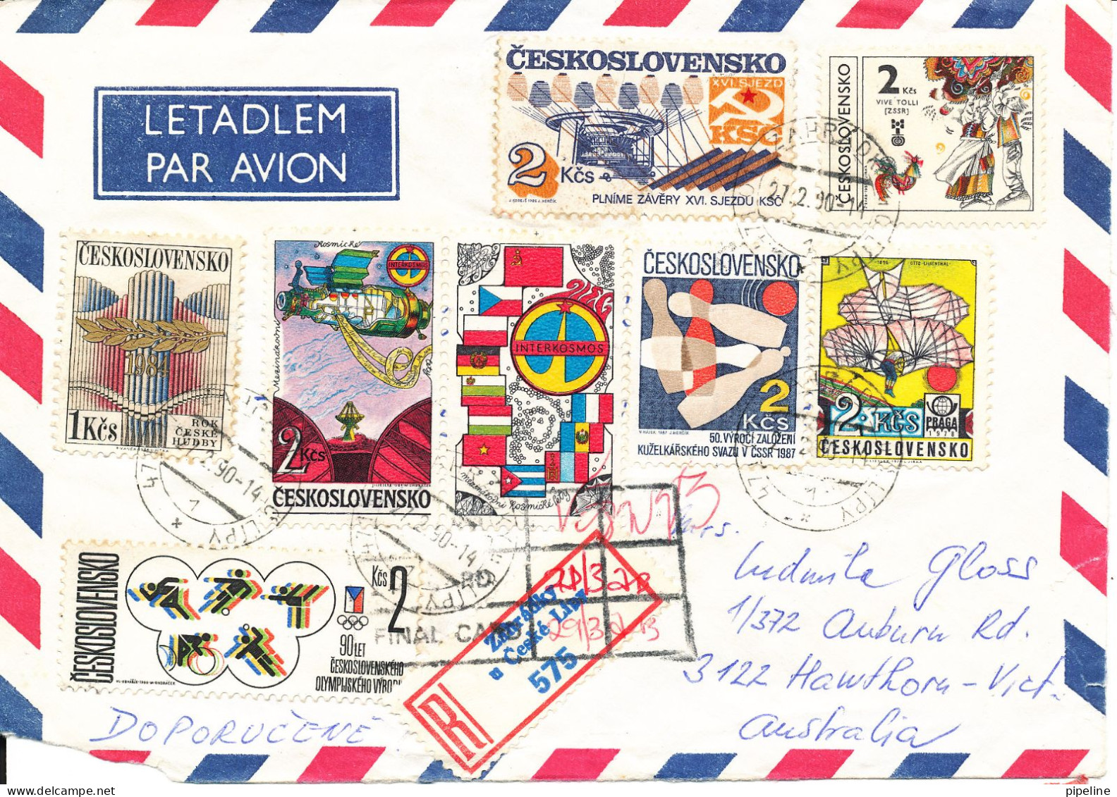 Czechoslovakia Registered Air Mail Cover Sent To Australia 27-2-1990 With A Lot Of Topic Stamps - Luchtpost