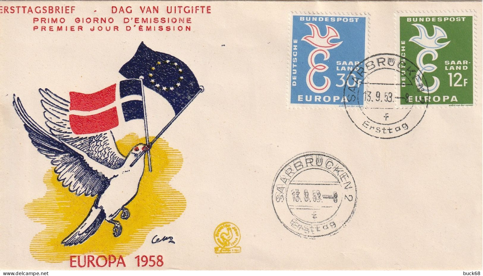 SAAR SARRE SAARLAND 421 422 Premier Jour FDC ETB EUROPA 1958 13.9.1958 Saarbrücken - FDC