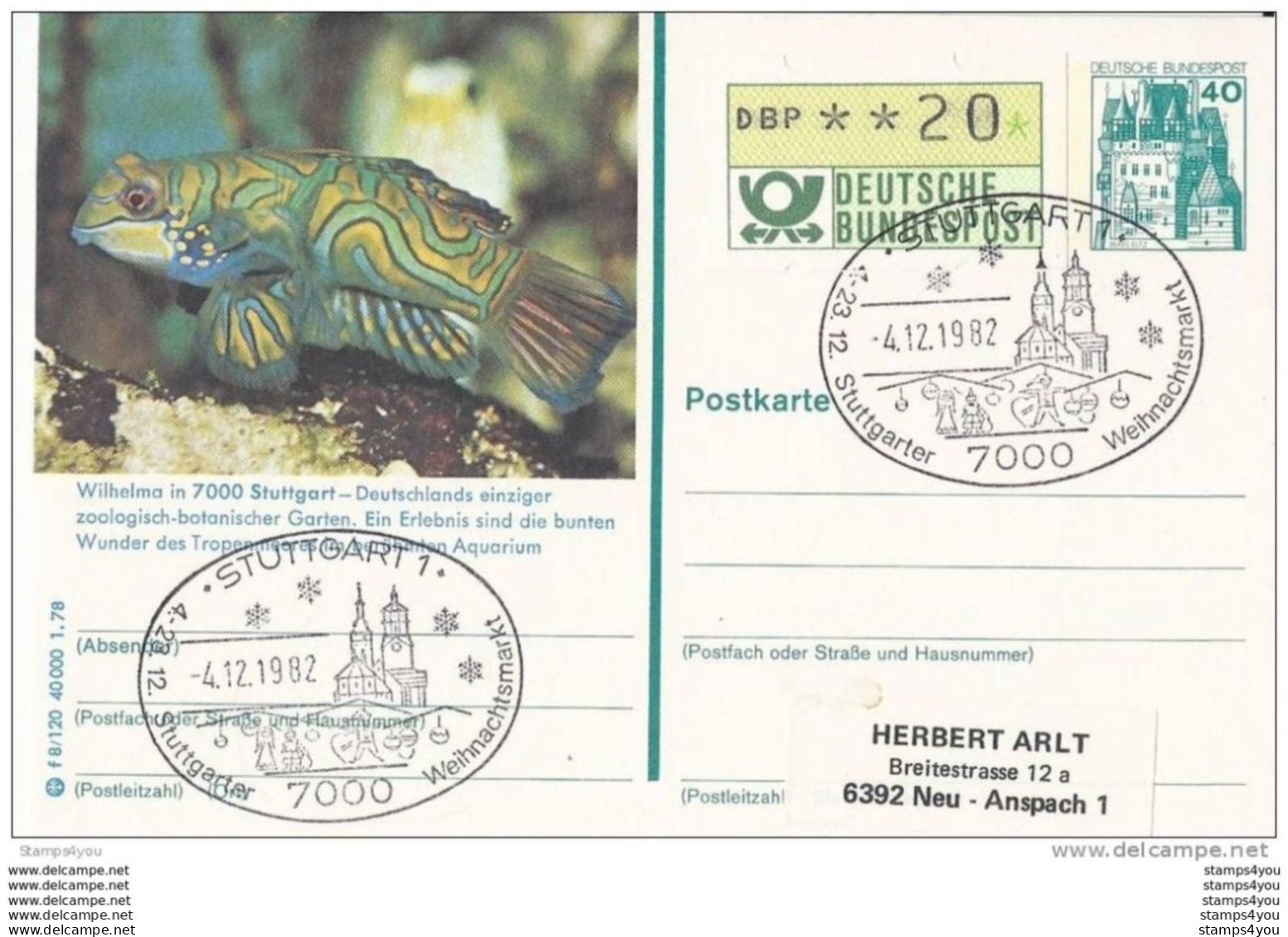 78 - 8 -  Entier Postal Allemand Avec Illustration "poisson" Et Oblit Spéciale Stuttgart 1982 Weihnachtsmarkt - Cartes Postales Illustrées - Oblitérées