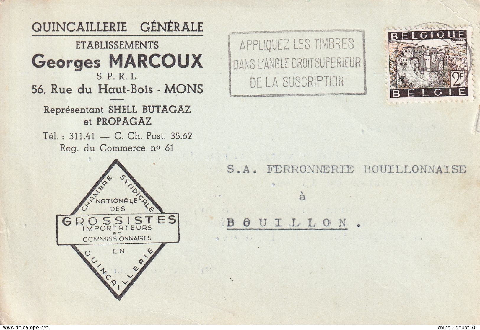 1966 QUINCAILLERIE ETABLISSEMENTS Georges MARCOUX  Rue Du Haut-Bois MONS Représentant SHELL BUTAGAZ - Lettres & Documents