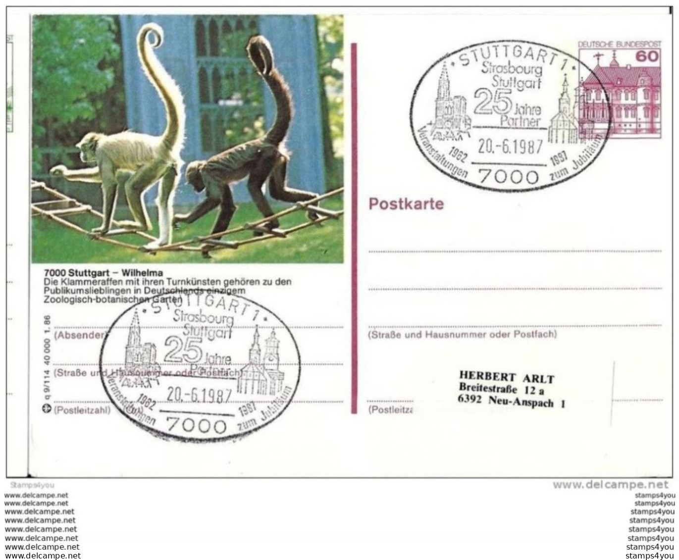 78 - 9 - Entier Postal Allemand Avec Illustration "singes" Et Oblit Spéciale De Stuttgart 1987 - Apen