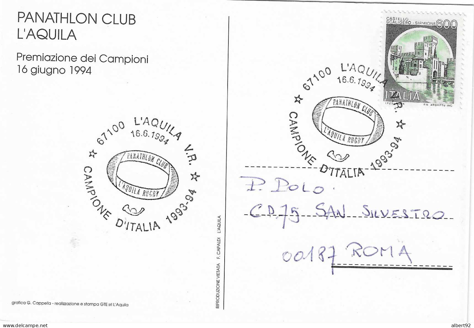 1994 L'Aquila Club Champion D'Italie De Rugby 1993/94: Carte Officielle - Rugby