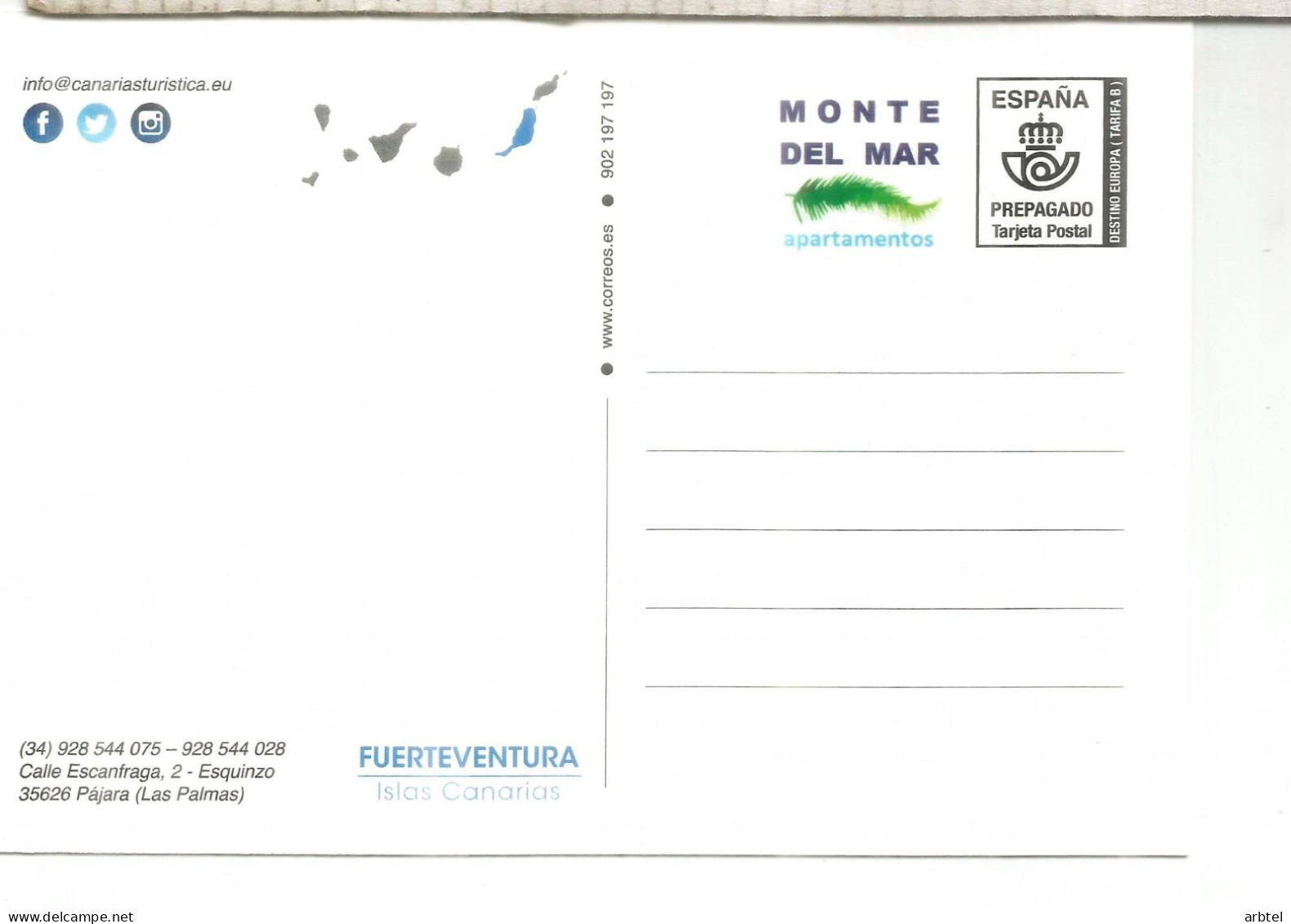 ENTERO POSTAL TARIFA B FUERTEVENTURA CANARIAS APARTAMENTOS MONTE DEL MAR - 1931-....