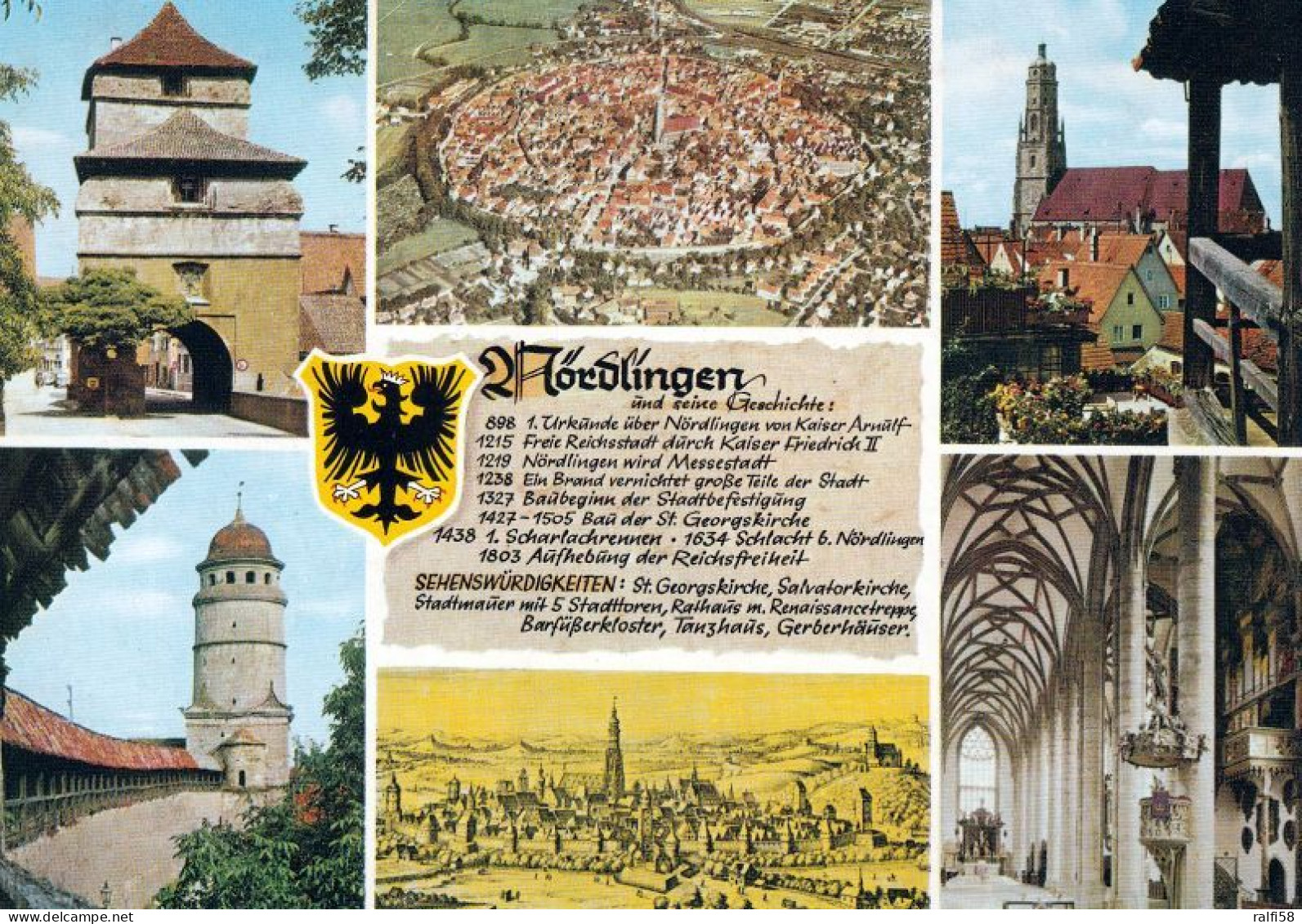 1 AK Germany / Bayern * Chronikkarte Nördlingen Mit Wappen, St. Georgskirche, Berger Tor, Löpsinger Tor, Merian-Stich * - Nördlingen