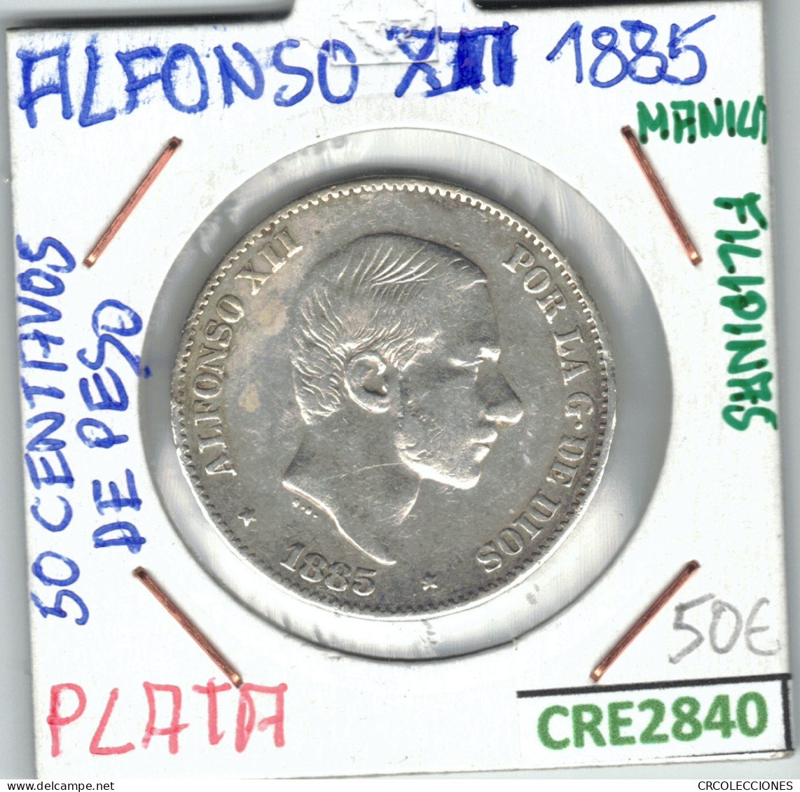 CRE2840 MONEDA 50Cs DE PESO ALFONSO XII PLATA 1885 (Manila-Filipinas) - Otros & Sin Clasificación