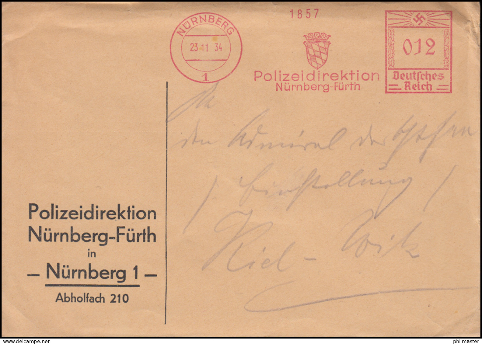 AFS Polizeidirektion Nürnberg-Fürth / Nürnberg 23.11.34 Auf Brief Nach Kiel-Wik - Politie En Rijkswacht