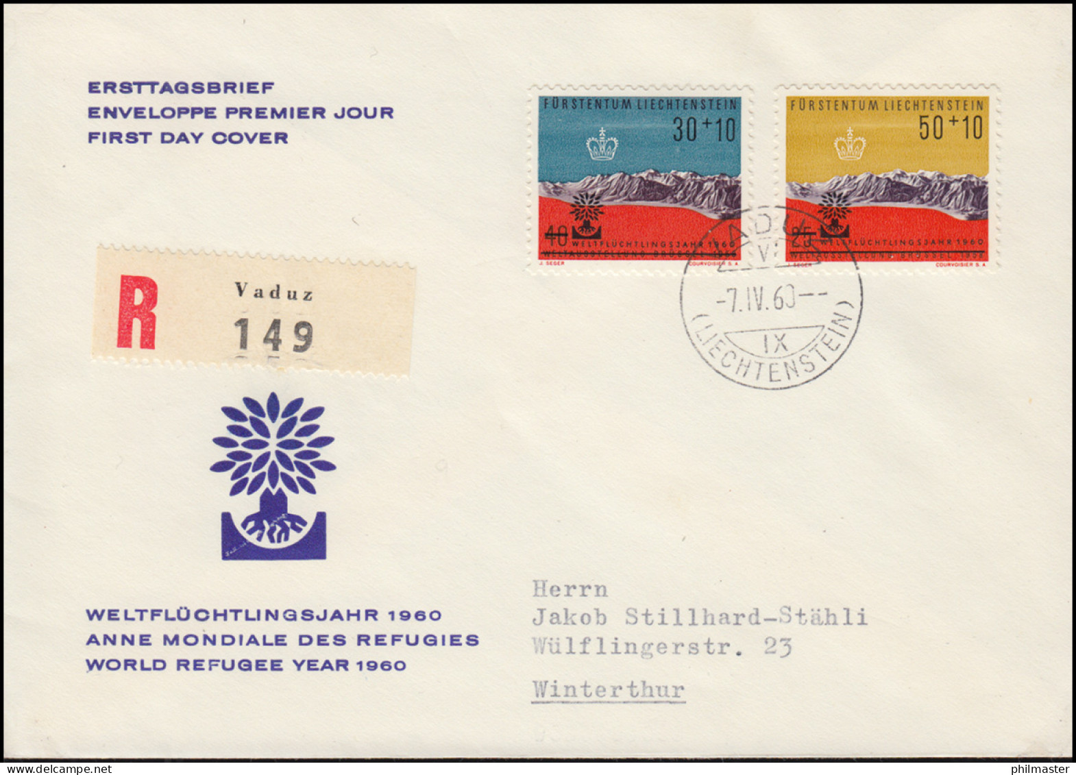 Liechtenstein 389-390 Weltflüchtlingsjahr 1960 Auf Schmuck-R-FDC VADUZ 7.4.60 - Briefe U. Dokumente