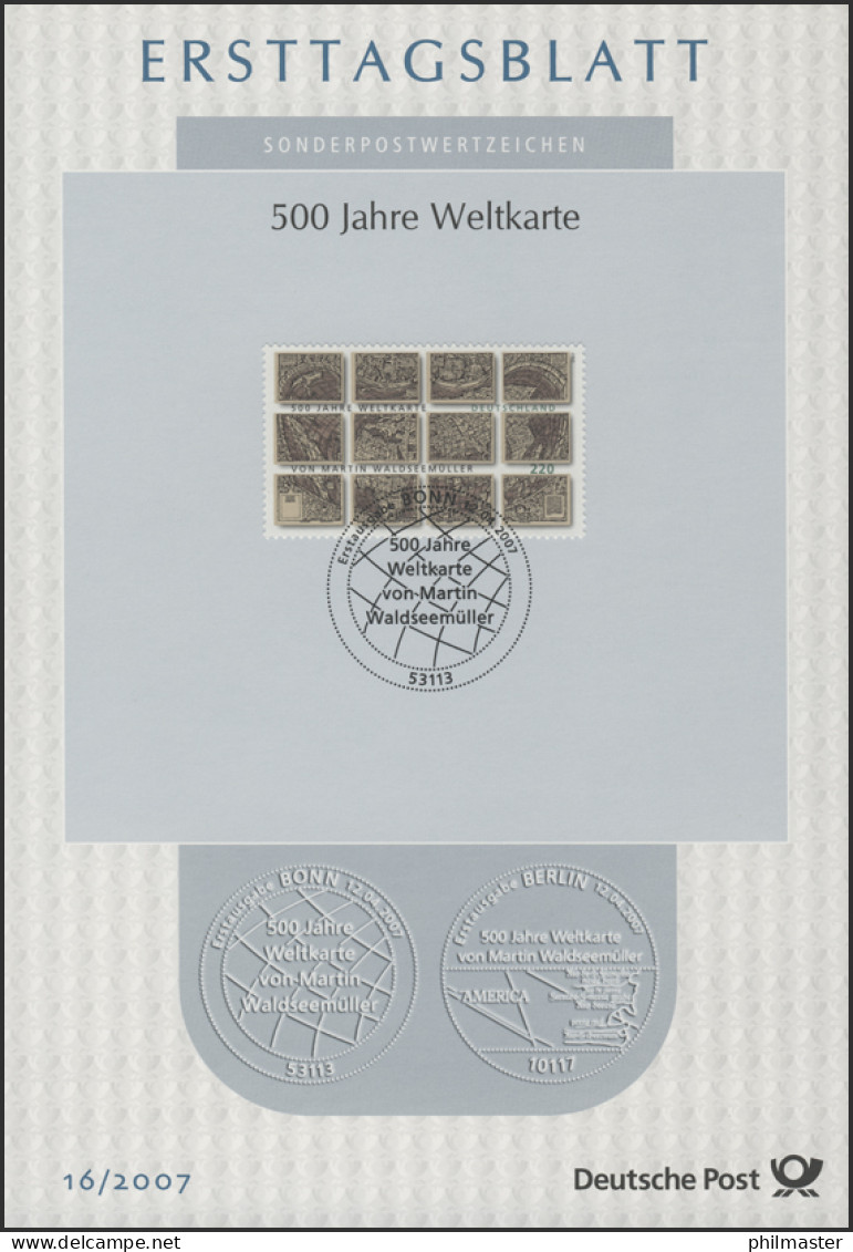 ETB 16/2007 Weltkarte, Martin Waldseemüller - 2001-2010