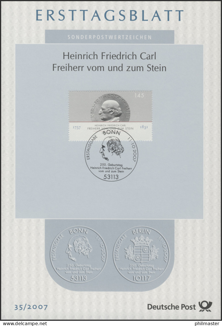 ETB 35/2007 Heinrich Friedrich Carl Freiherr Vom Und Zum Stein, Politiker - 2001-2010