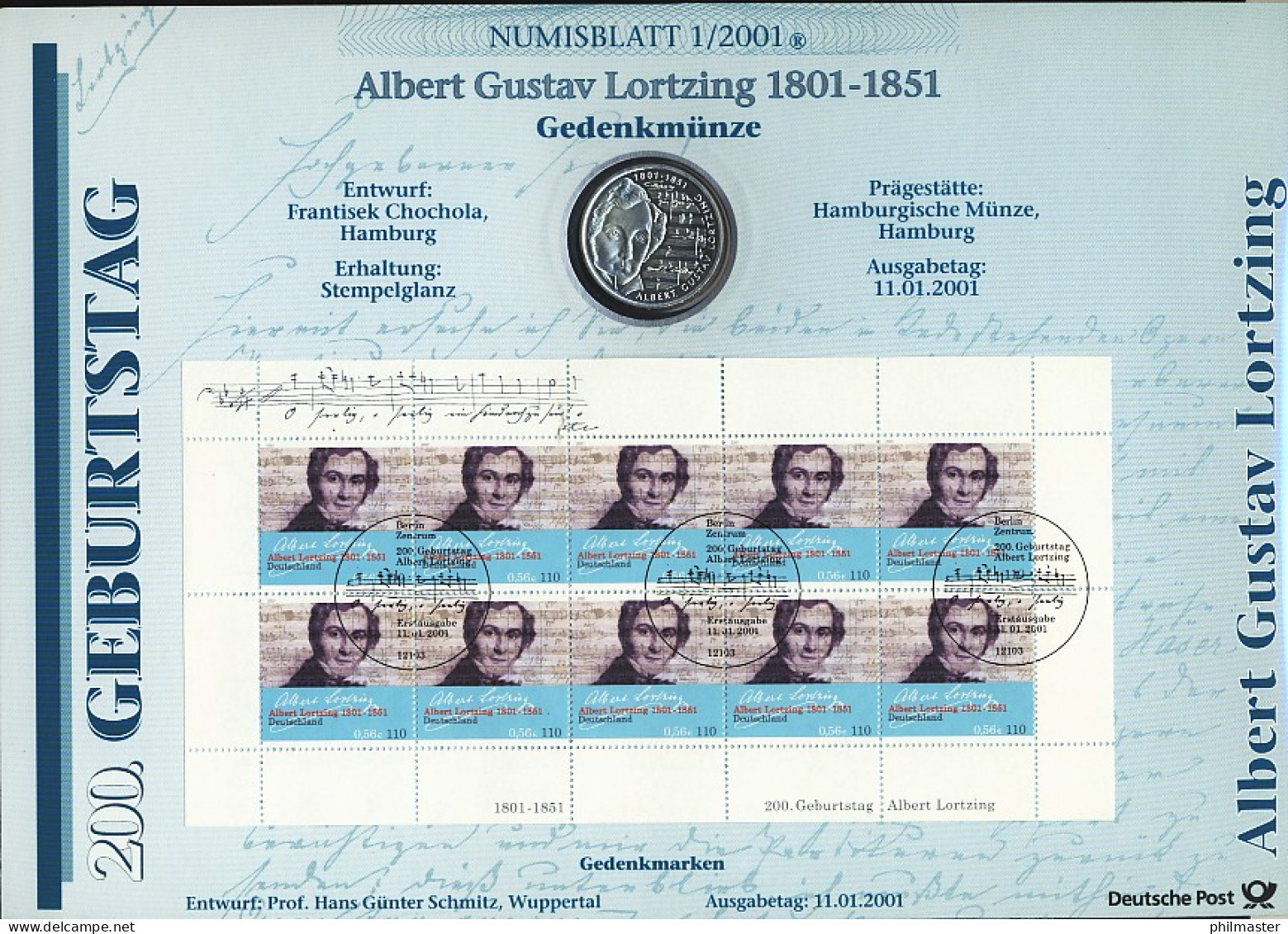 2163 Albert Gustav Lortzing - Numisblatt 1/2001 - Numismatische Enveloppen