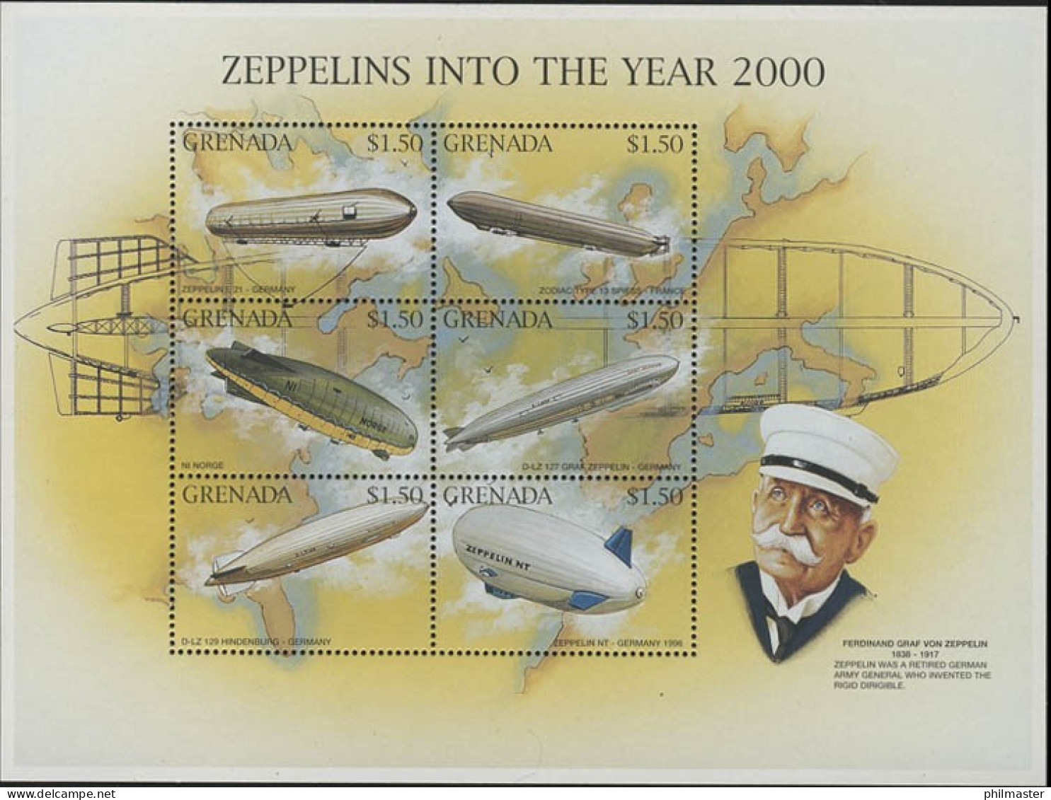 Grenada 3290-3295 Zeppeline Im Jahr 2000 / Graf Von Zeppelin, Kleinbogen **/MNH - Zeppeline