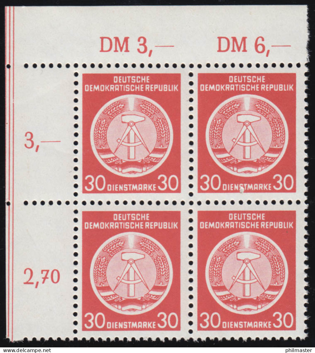 11x XI Dienst 30 Pfennig Als Eckrand-Viererblock Oben Links, Ungefaltet, ** - Neufs