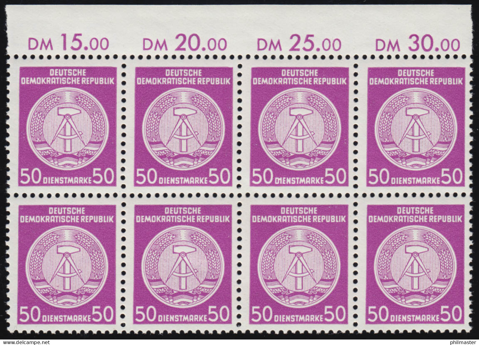 26xI XII Dienst 50 Pf. Als OR-8er-Block Mit PLF I D Und I Verbunden, Feld 5 ** - Mint