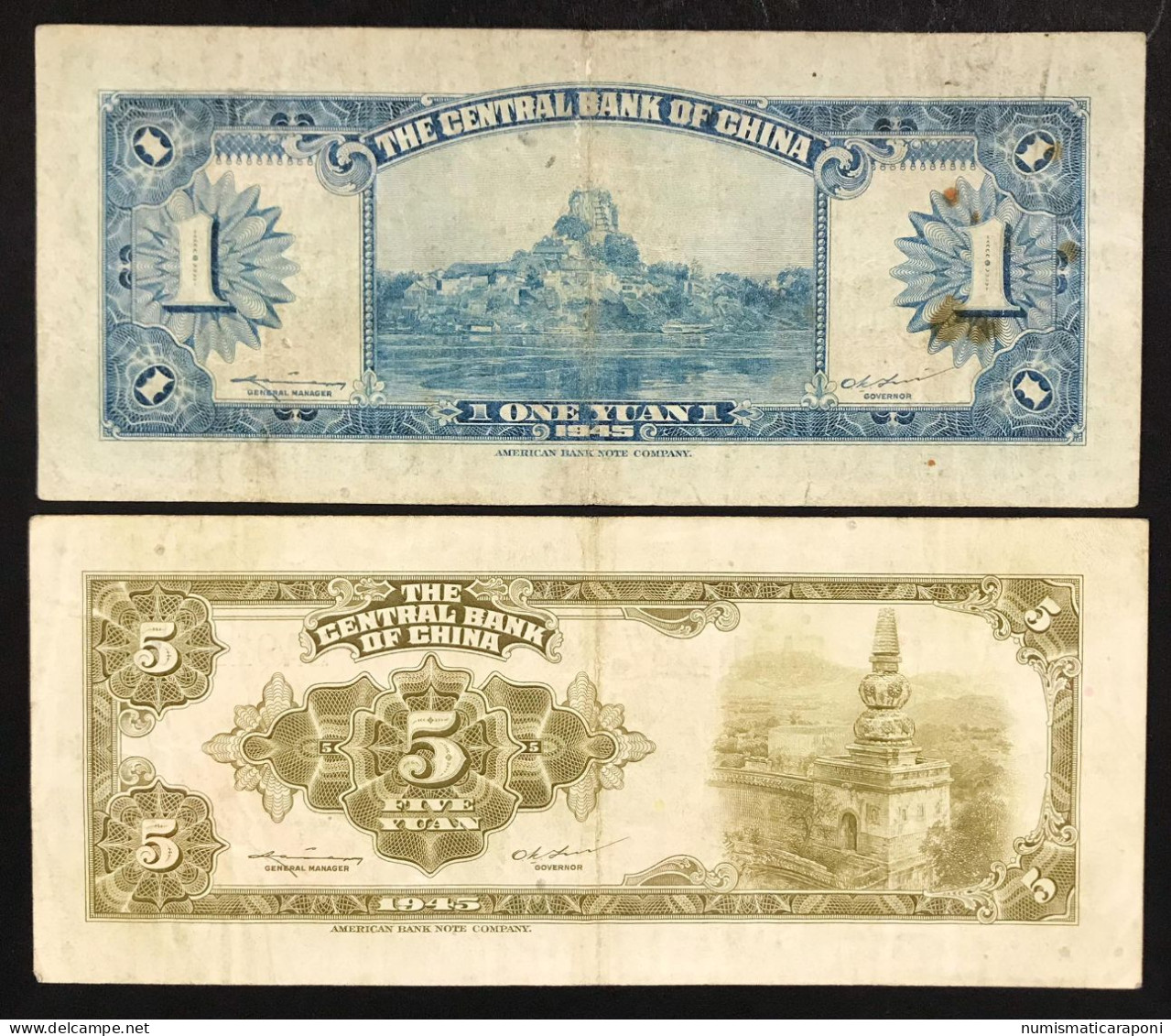 CHINA CINA The Central Bank Of China 1 + 5 Yuan 1945 Pick#387 388 LOTTO 028 - China