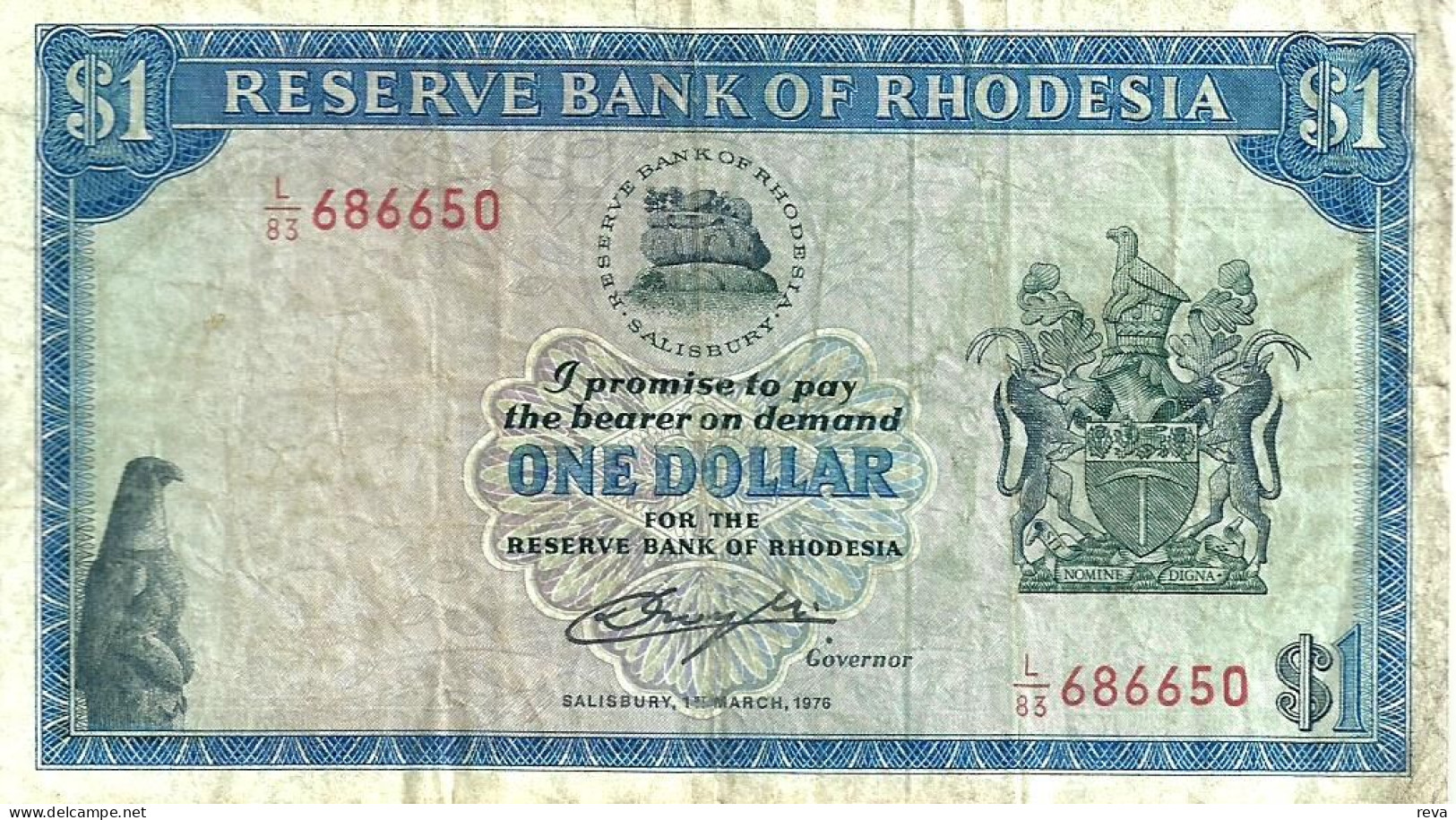 RHODESIA $1 BLUE EMBLEM FRONT CROP FIELD  BACK DATED 01-03-1976 P.30b VF READ DESCRIPTION!! - Rhodesië