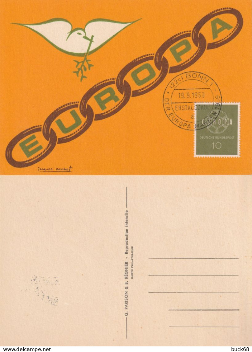 ALLEMAGNE BUND GERMANY RFA Poste 193 FDC Erstausgabe EUROPA Colombre Dessin J. Combet Bonn 19.9.1959 - 1948-1960