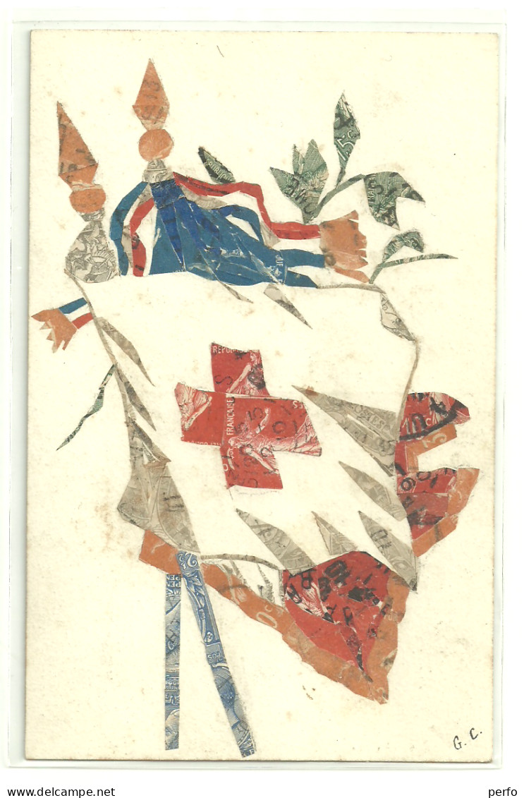CP Ancienne Formée Avec Des Timbres Découpés : Croix Rouge Et Drapeaux - Briefmarken (Abbildungen)