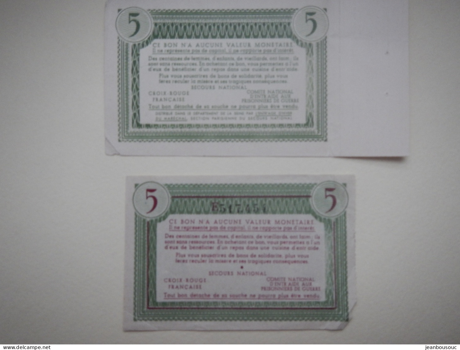 LOT DE 2 BONS DE SOLIDARITÉ DE 5 FRANCS 1941 - Notgeld