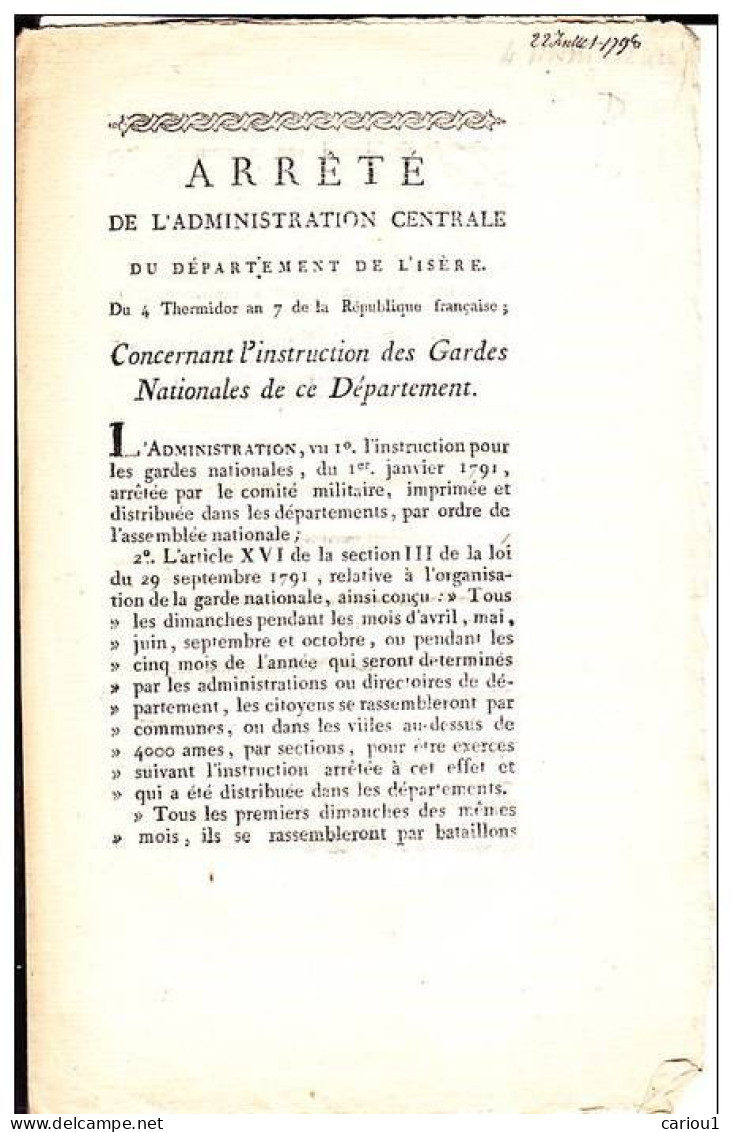 C1 REVOLUTION Arrete ADMINISTRATION CENTRALE ISERE 1799 Garde Nationale GRENOBLE Port Inclus France - Francés