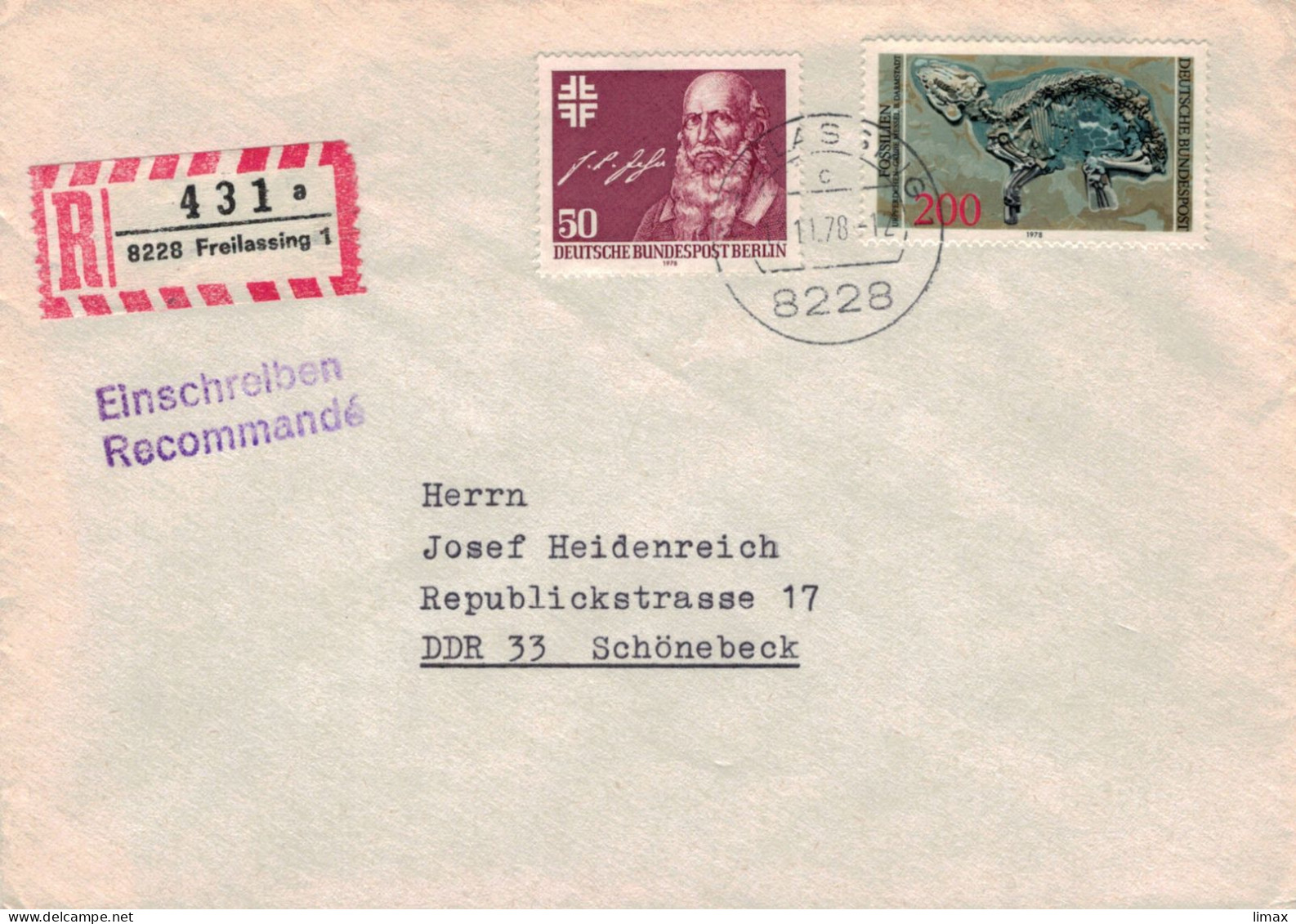 Reko 8228 Freilassing 1978 Mischfrankatur Friedrich L. Jahn - Urpferd Fossilie - Storia Postale