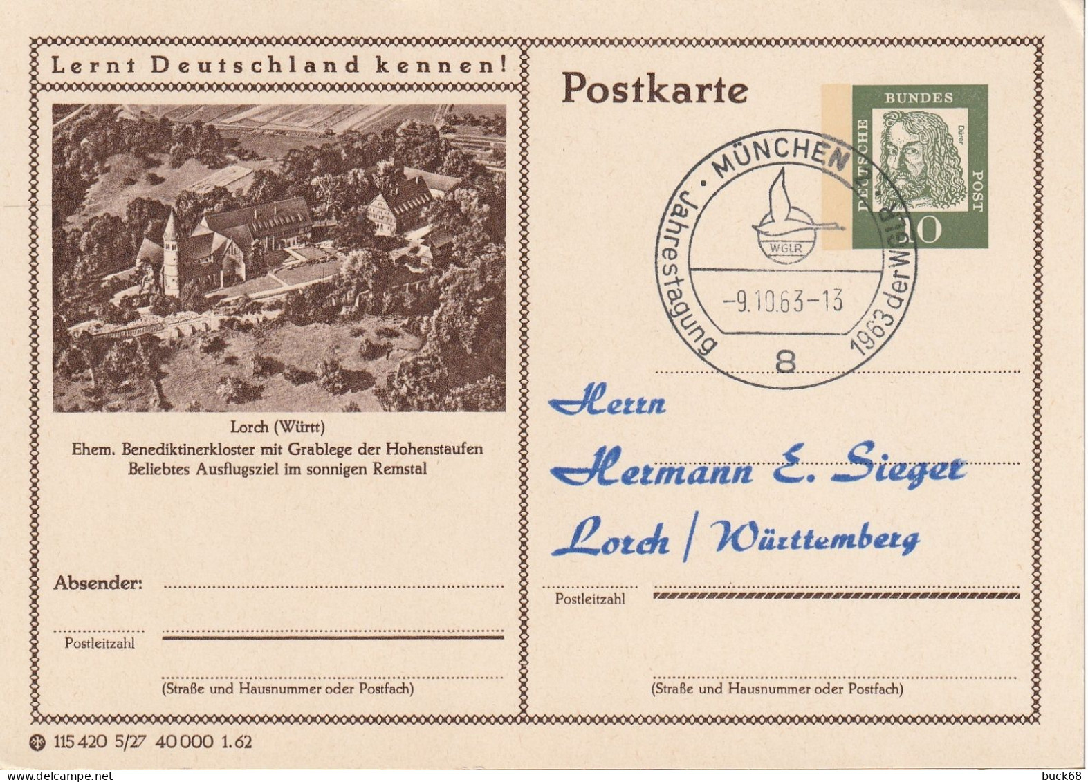 ALLEMAGNE BUND GERMANY RFA Poste  223 Ganzsache Entier Lorch München 9.10.1963 - Geïllustreerde Postkaarten - Gebruikt