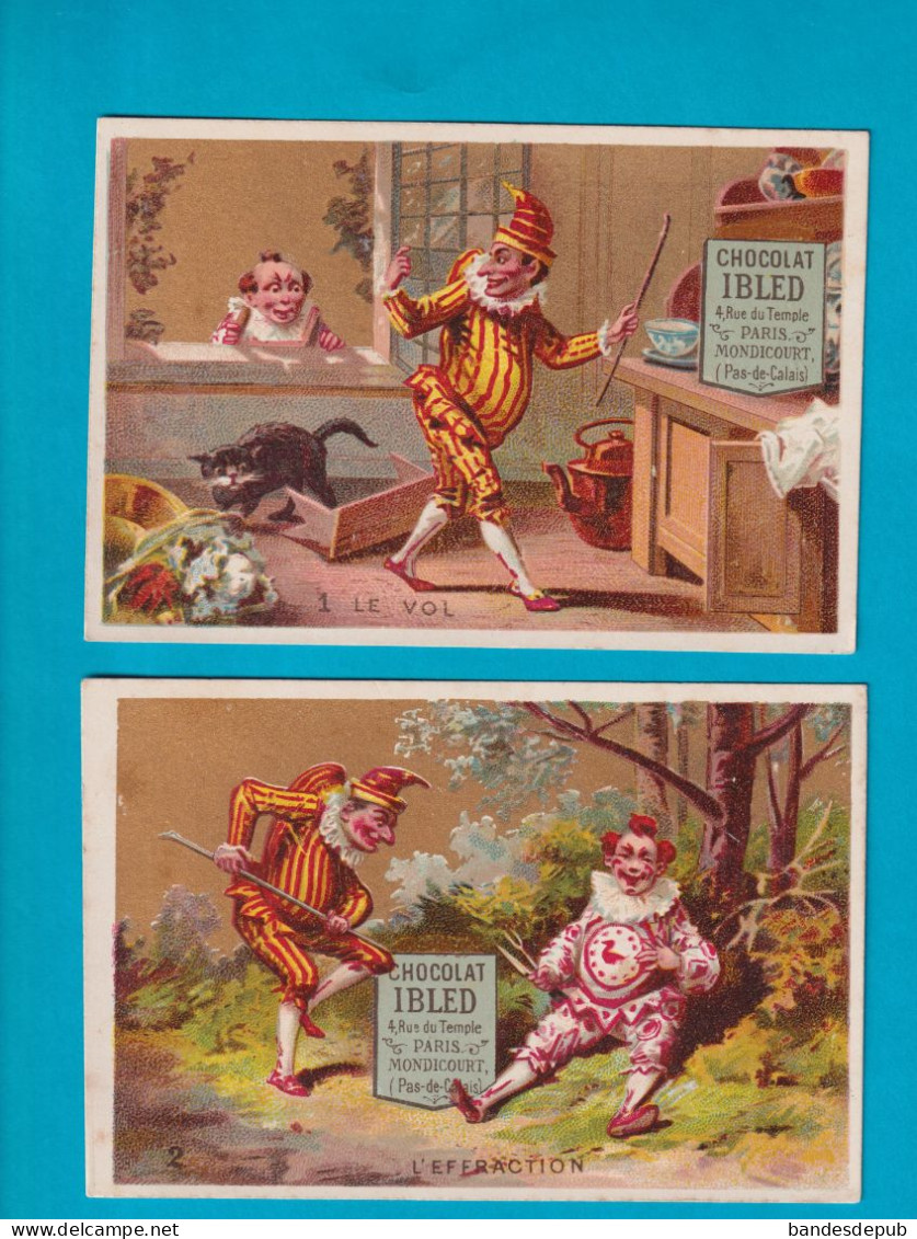 Chocolat IBLED Deux Chromos Or  Clown Plichinelle Chat Vol Effration Pied De Biche  Termes Justice Repessé Grepel - Ibled