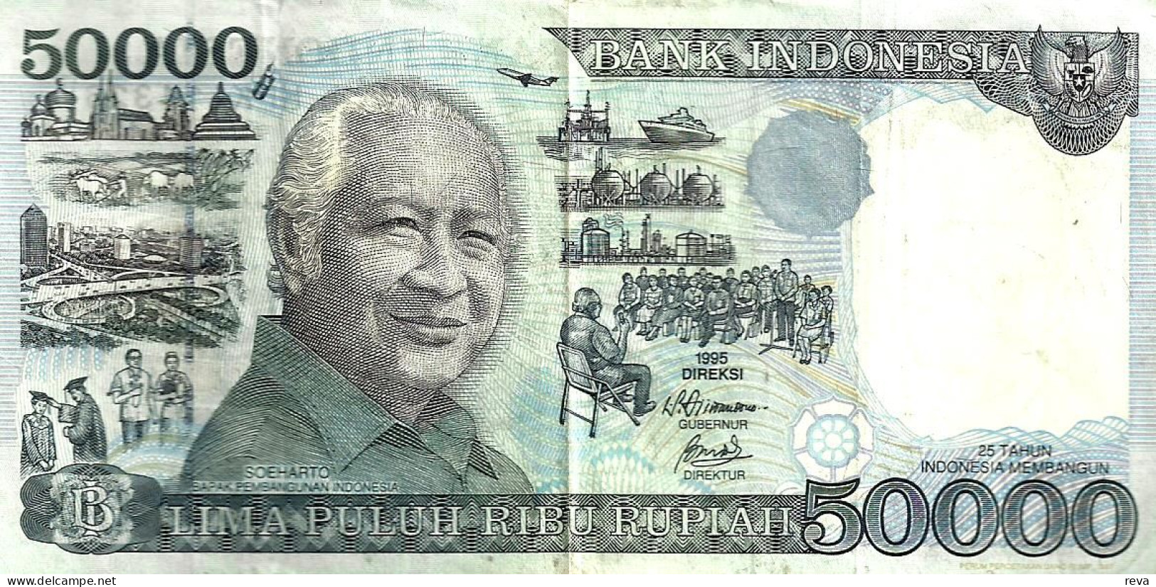 INDONESIA 50000 RUPIAH GREEN MAN SUHARTO FRONT AND AIRPLANE BACK DATED 1995 P.136a VF READ DESCRIPTION - Indonesia