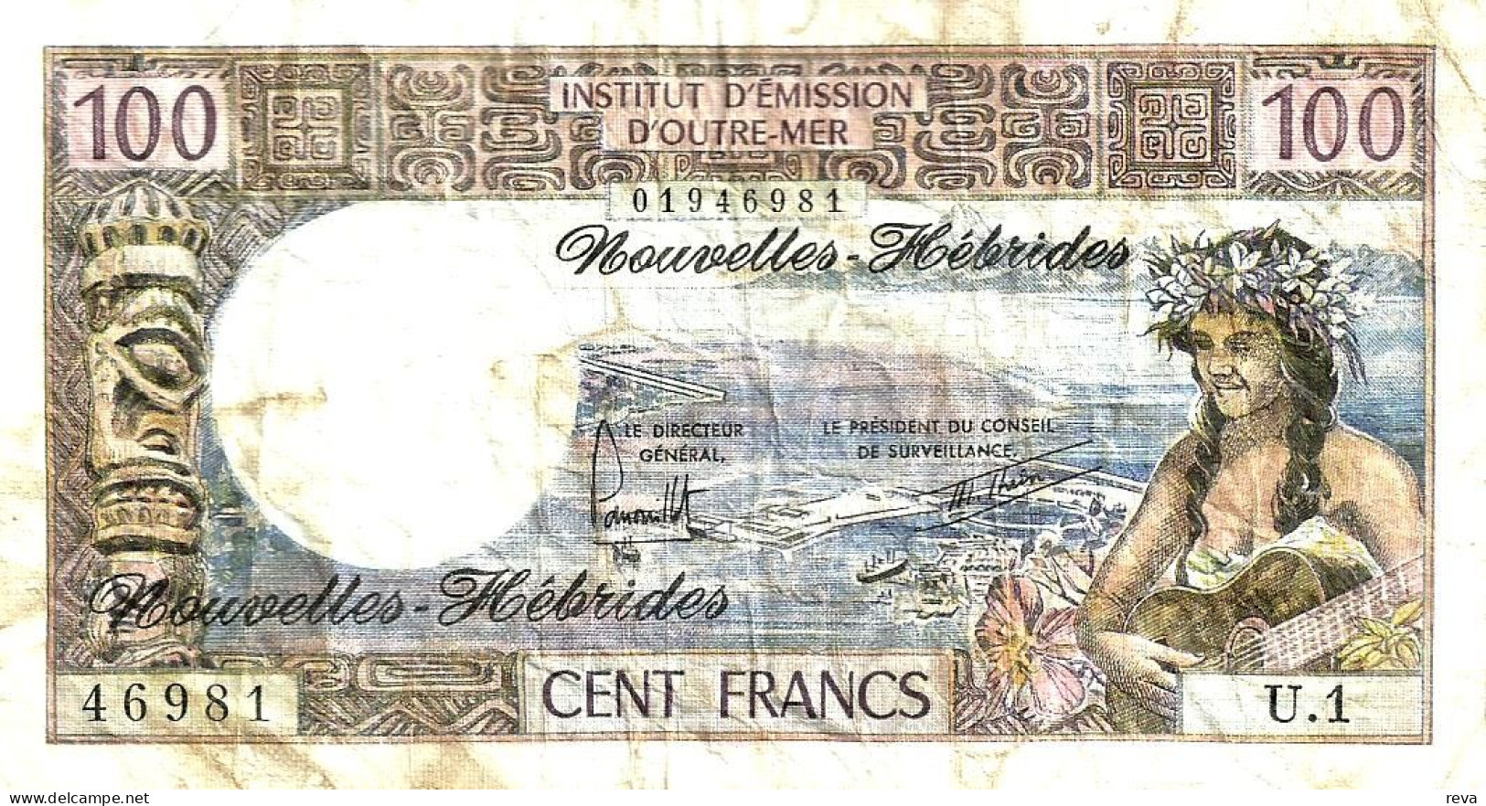 VANUATU NEW HEBRIDES 100 FRANCS WOMAN FRONT WOMAN SHIP BACK ND(1975) SIGN 2 P18c F+ READ DESCRIPTION - Vanuatu