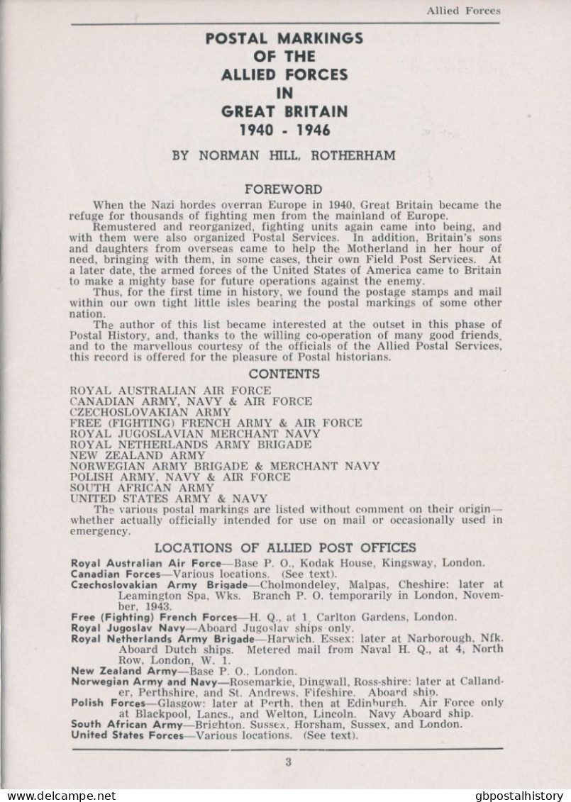 Billig's Handbook On Postmarks Volume 11. Postal Markings Of The Allied Forces In Great Britain. S/B By Norman Hill 1946 - Groot-Brittanië