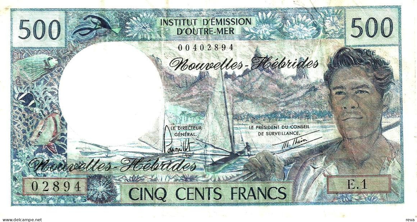 VANUATU NEW HEBRIDES 500 FRANCS BLUE MAN FRONT MAN BACK ND(1980) SIGN 4 P19c F+ READ DESCRIPTION - Vanuatu