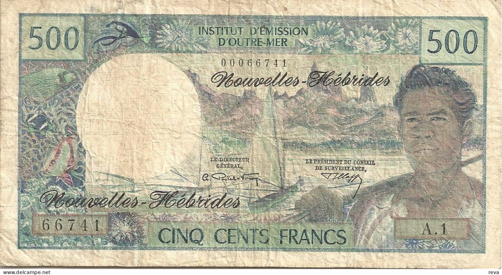 VANUATU NEW HEBRIDES 500 FRANCS BLUE MAN FRONT MAN BACK ND(1980) SIGN 4 P19c F+ READ DESCRIPTION - Vanuatu