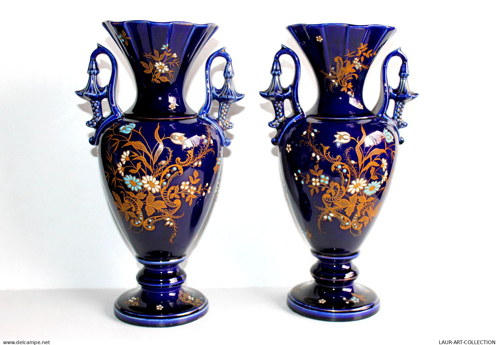 FIVES LILLES - PAIRE DE VASE BALUSTRE SUR PIEDOUCHE En FAIENCE DE BRUYN EMAILLÉ DEBUT XXe 30cm / ART DECORATIF (0901.17) - Vases