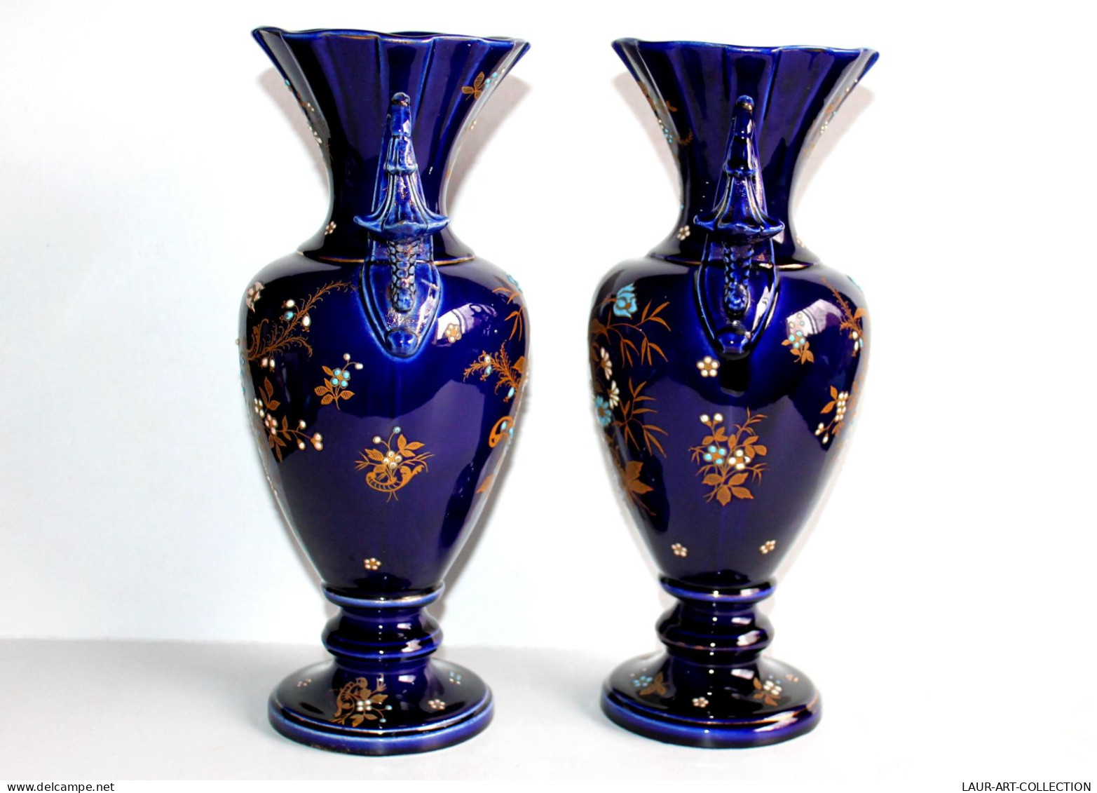 FIVES LILLES - PAIRE DE VASE BALUSTRE SUR PIEDOUCHE En FAIENCE DE BRUYN EMAILLÉ DEBUT XXe 30cm / ART DECORATIF (0901.17) - Vases