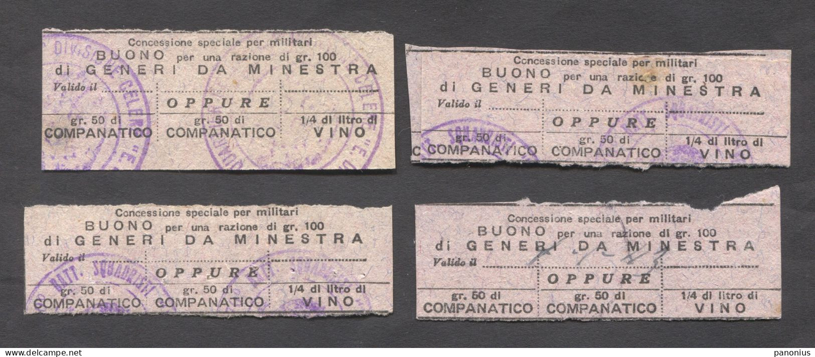 Italia Italy WW2 - Military Buoni Alimentari / Food Coupons Tickets, Lot 4 Pcs - Documenti