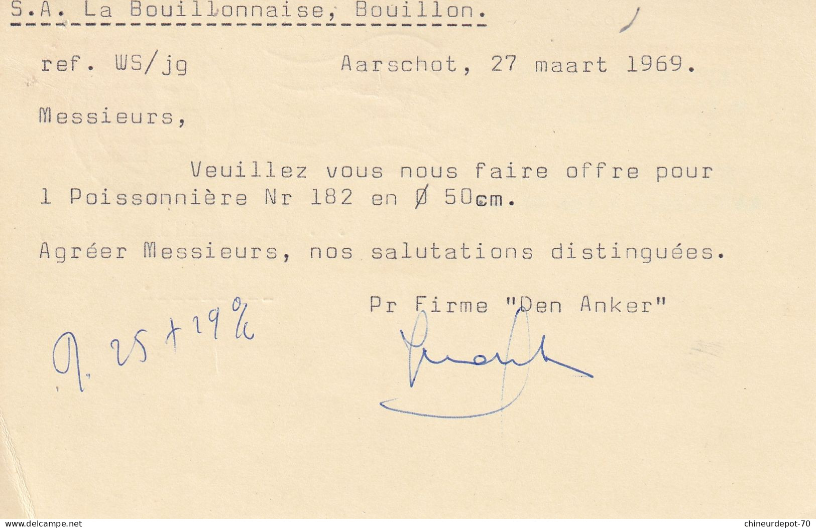 1969 Ijzermagazijn Den Anker Aarschot Bouillon - Lettres & Documents