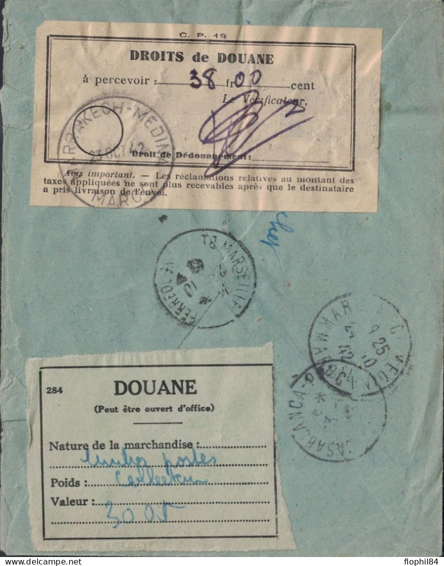 BOUCHES DU RHONE - MARSEILLE - BEL AFFRANCHISSEMENT SUR LETTRE RECOMMANDEE POUR MARRAKECH - MAROC - 21-10-42-VERSO - Tariffe Postali