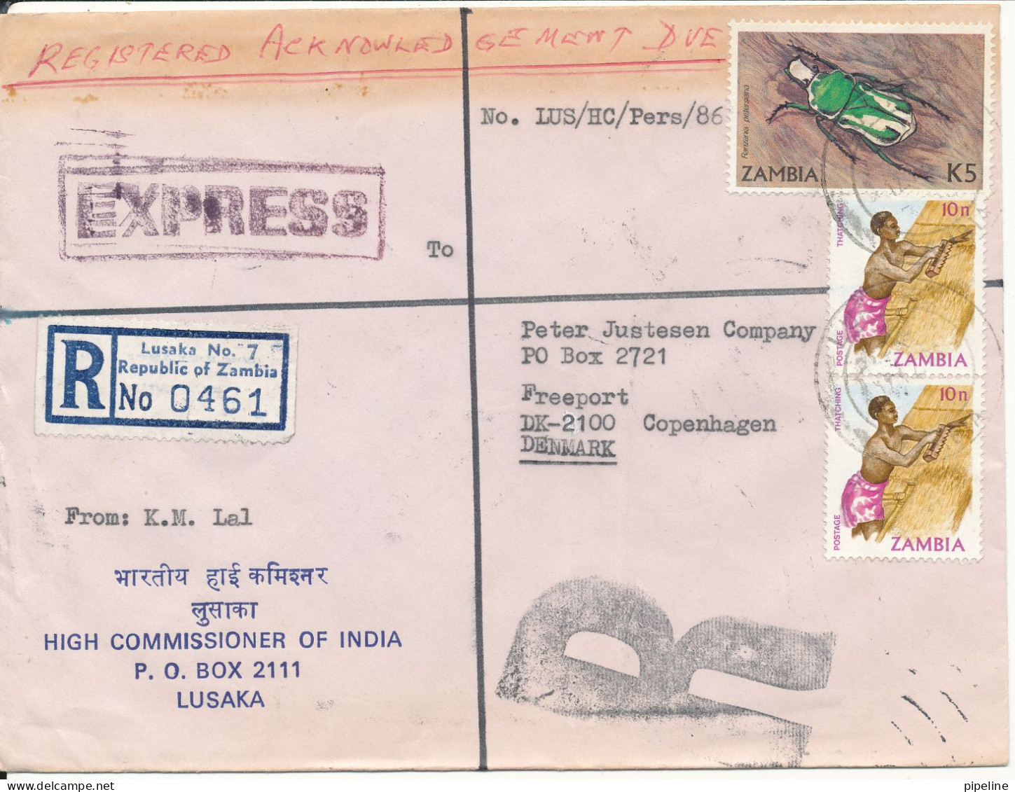 Zambia Registered Air Mail Cover Sent Express To Denmark 17-12-1986 Topic Stamps Sent From India High Commission Lusaka - Zambie (1965-...)