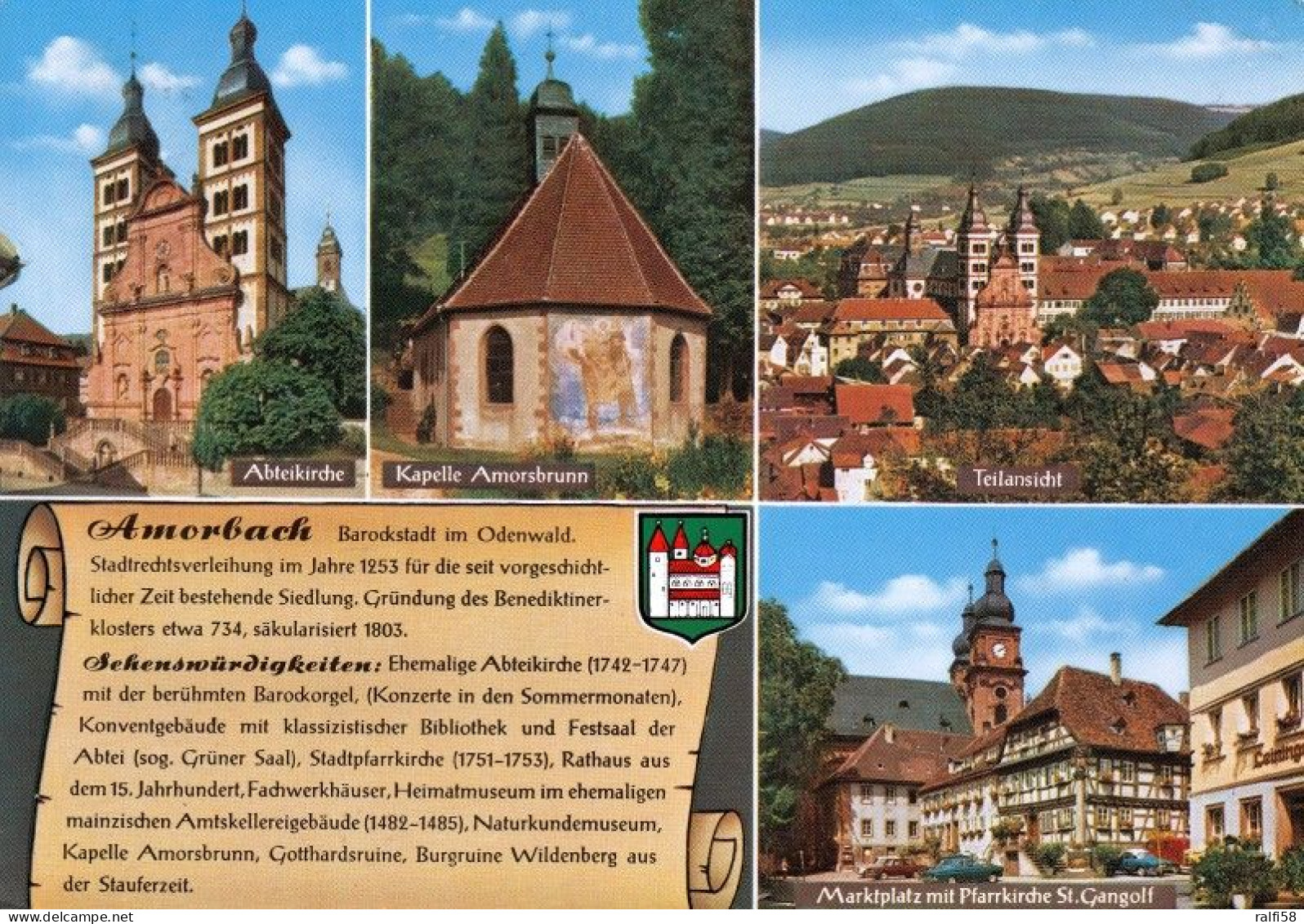 1 AK Germany / Bayern * Chronikkarte Von Amorbach Mit Wappen, Abteikirche, Kapelle Amorsbrunn, Marktplatz M. Pfarrkirche - Amorbach