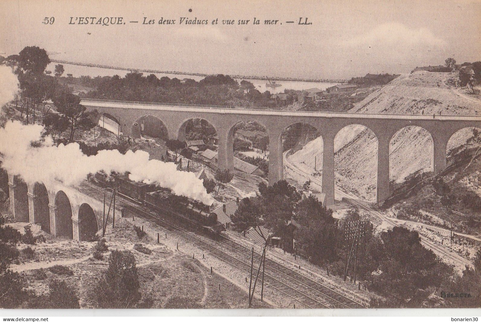 CPA 13 L'ESTAQUE MARSEILLE LES DEUX VIADUC  RIAUX ET VUE SUR LA MER TRAIN - L'Estaque