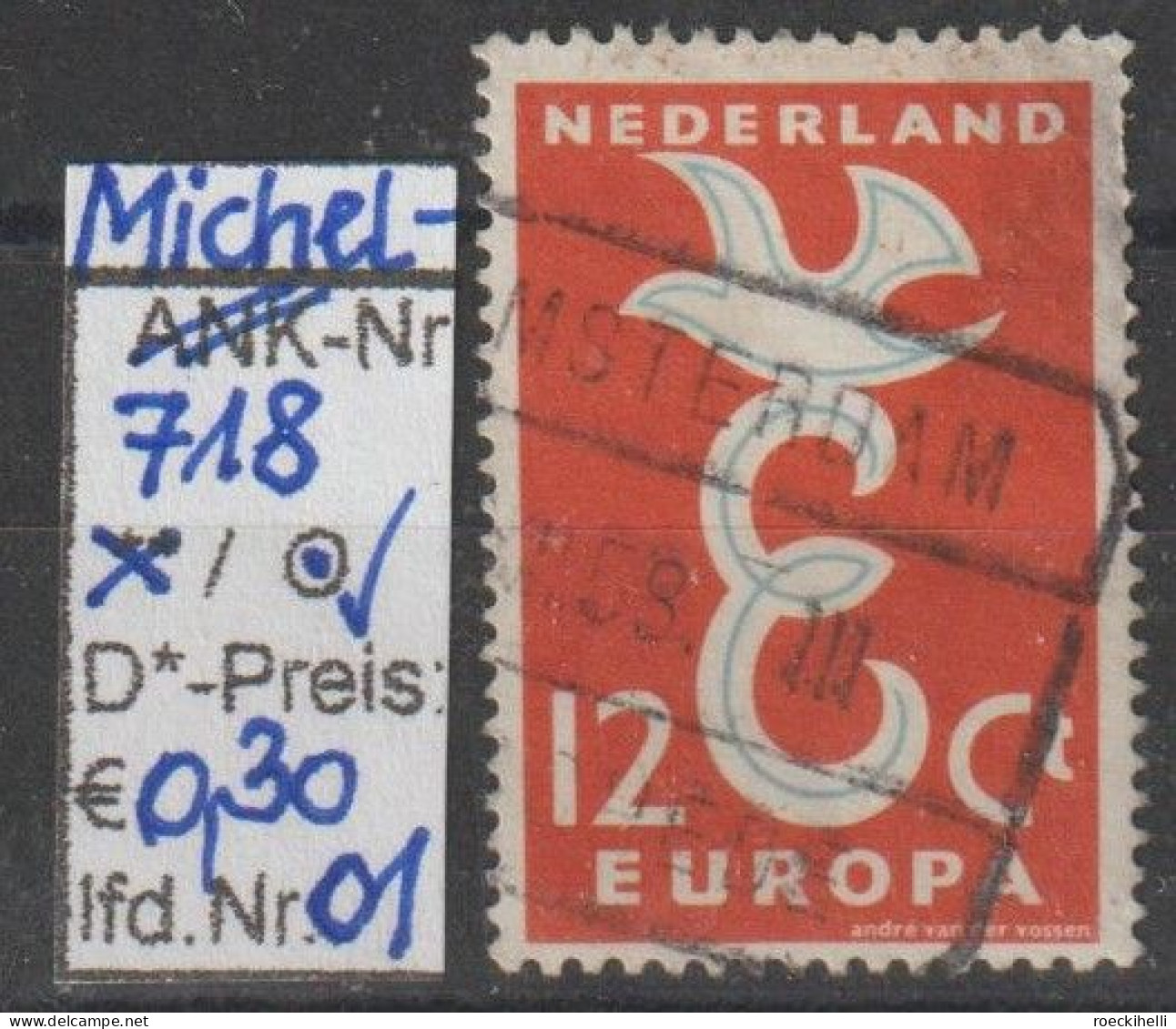 1958 - NIEDERLANDE - SM "Europa - Stilis. Taube.." 12C Orangerot/hellkobalt - O  Gestempelt - S. Scan (718o Nl) - Usati